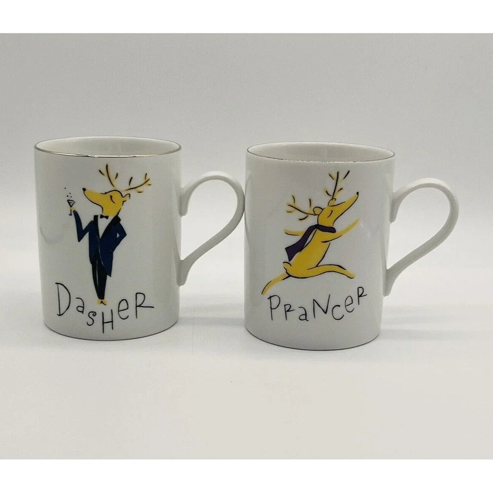 Pottery Barn Reindeer Christmas Mugs Dasher & Prancer Vintage Holiday Cups